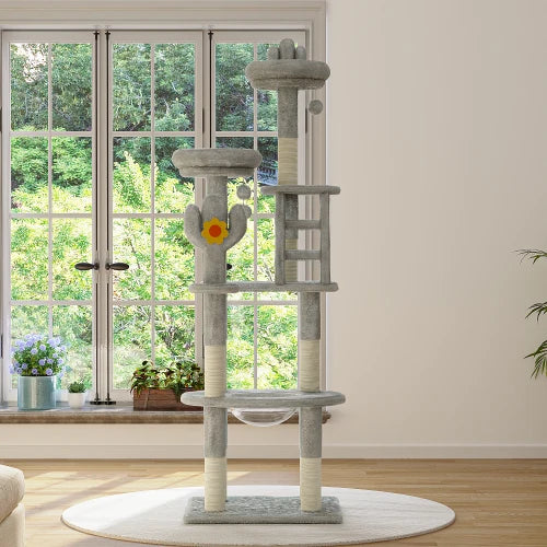 72" Cactus Cat Tree with Transparent Capsule, Tall Cat Tower Condo with Sisal Scratching Posts, Plush Perches & Hanging Toys, Multi-Level Activity Center for Large Indoor Cats