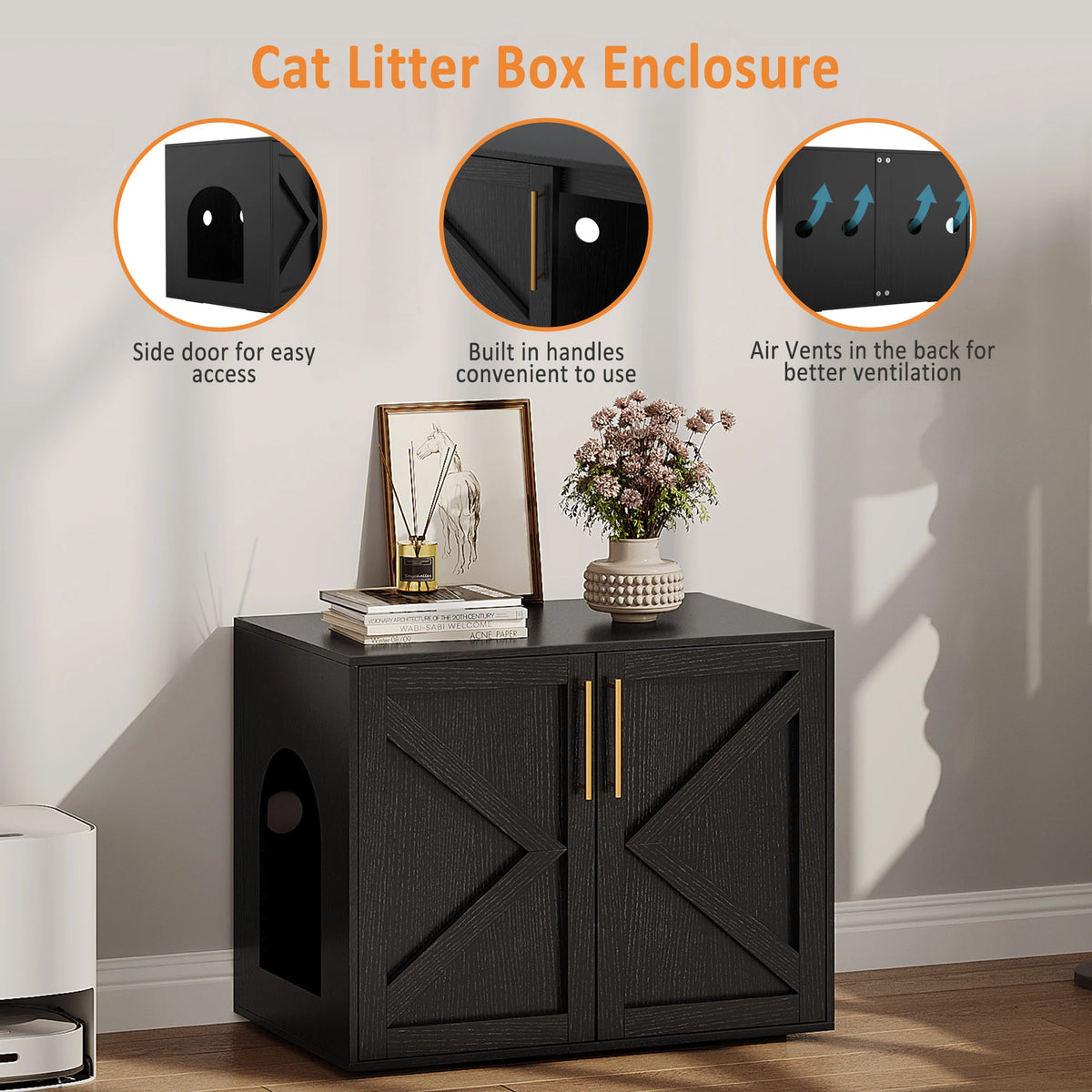 Multi-Functional Hidden Cat Litter Box Enclosure - Wooden Cat Furniture with Barn Doors, Spacious Washroom Cabinet & End Table for Indoor Living Room or Bedroom - Modern Design
