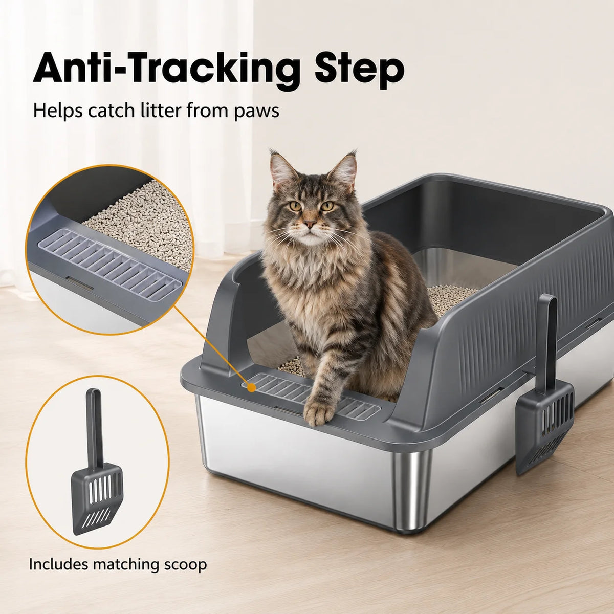 Stainless Steel Cat Litter Box High Wall Semi Enclosed Open Cat Toilet Anti Scatter Litter Pan with Scoop for Large Indoor Cats