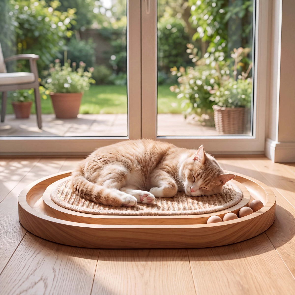 3-in-1 Wooden Cat Scratcher Toy with Sisal and Rolling Balls