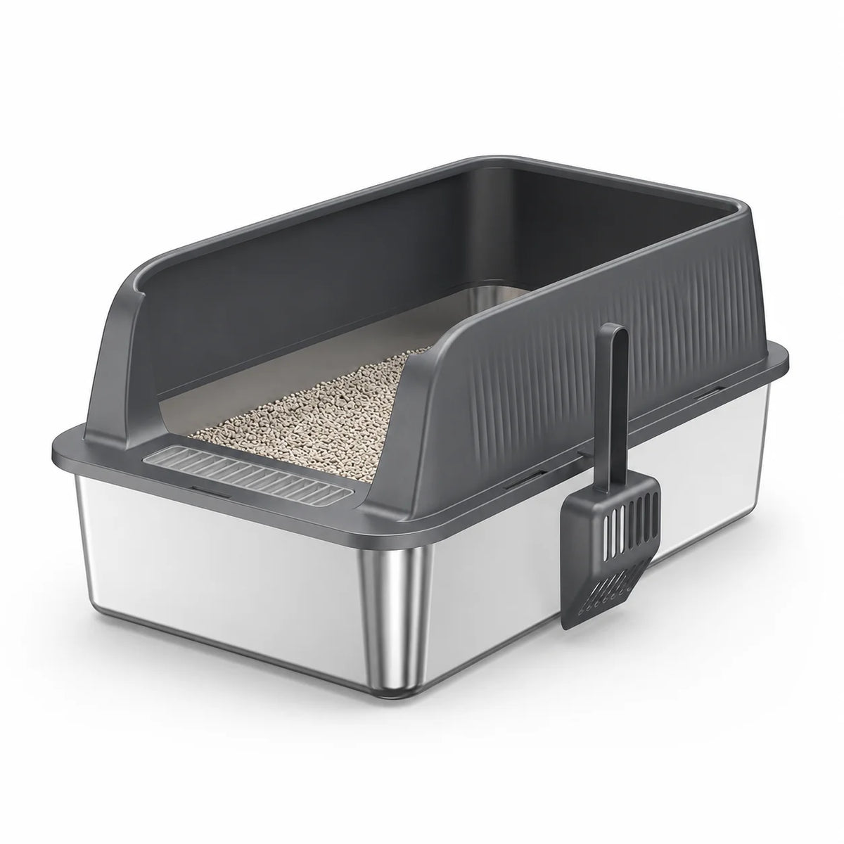 Stainless Steel Cat Litter Box High Wall Semi Enclosed Open Cat Toilet Anti Scatter Litter Pan with Scoop for Large Indoor Cats