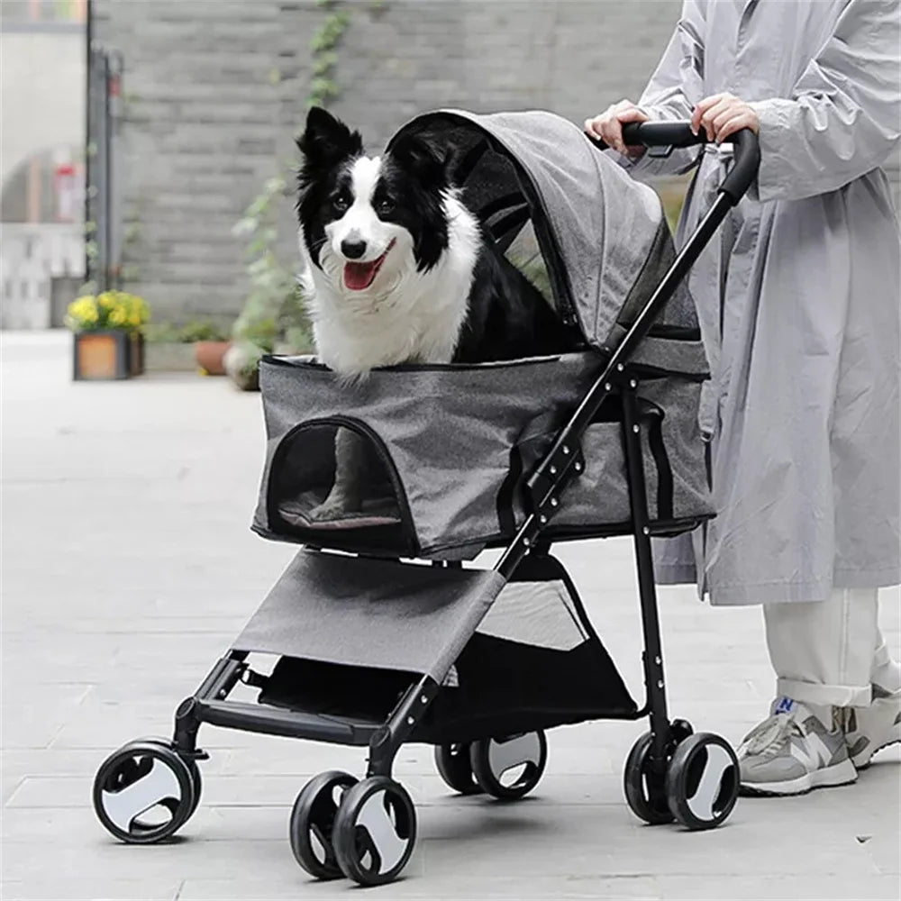 Foldable Four Wheel Pet Stroller With Detachable Storage Basket