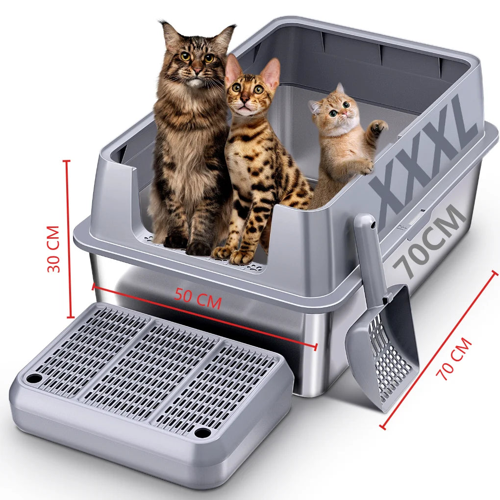 Extra Large XXL Stainless Steel Cat Litter Box with Lid, 26' L X 18' W X 12' H Metal Litter Box with High Sides for Big Cats