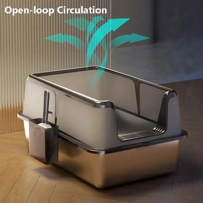 60×40×36.5cm Stainless Steel Cat Litter Tray with Top Entry, Litter Scoop | Extra Large Cat Litter Box with Non-Stick, Odor Resistant, Leak & Splash Proof Easy Clean