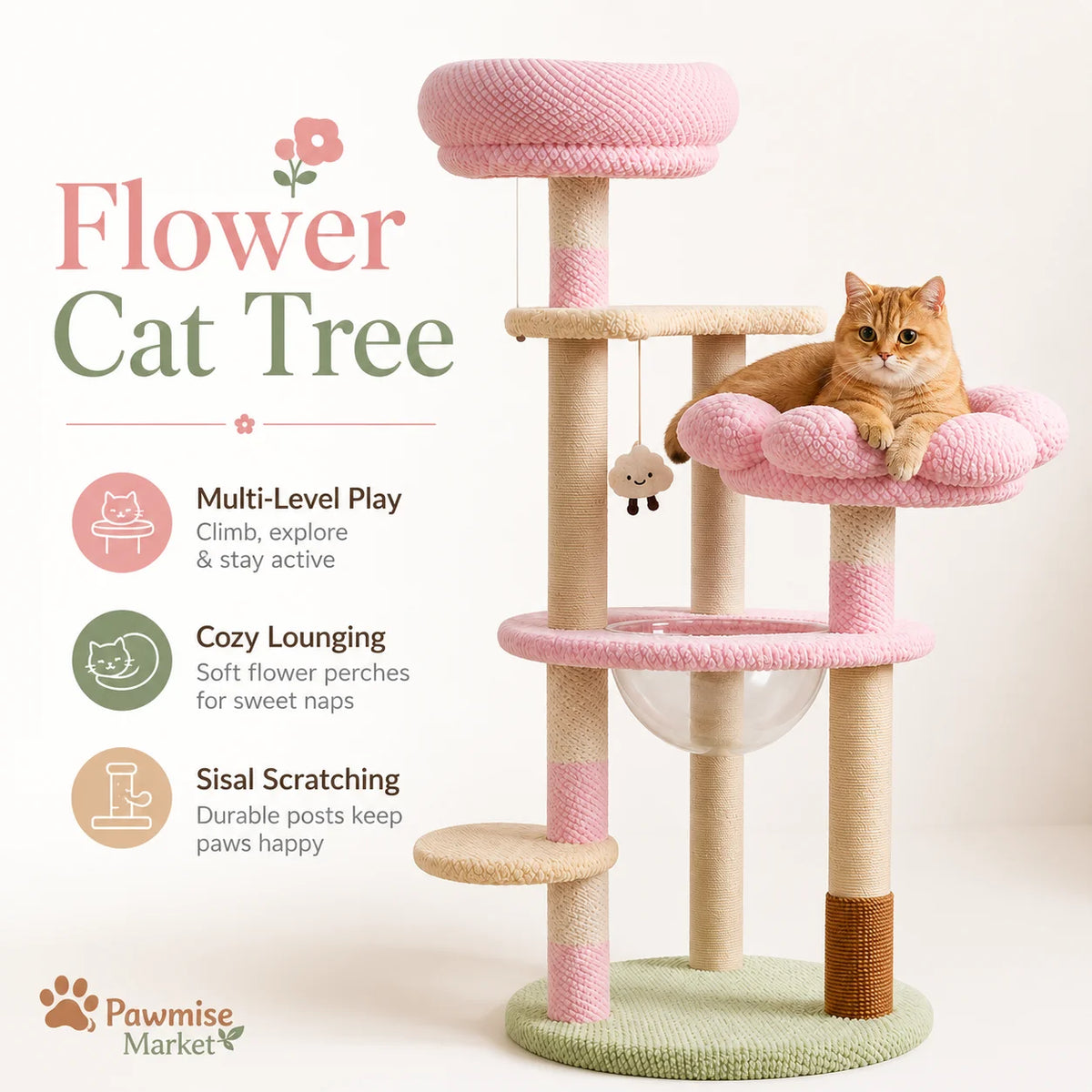 Multi Tier Cat Tree With Sisal Posts And Plush Perches