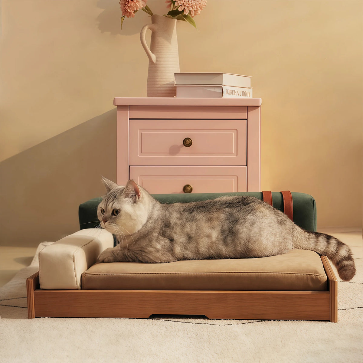 Natural Oak Veneer Wooden Pet Bed With Removable Cushion