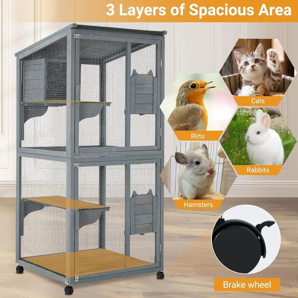 Waterproof Outdoor Catio Enclosure With Lockable Wheels And Platforms