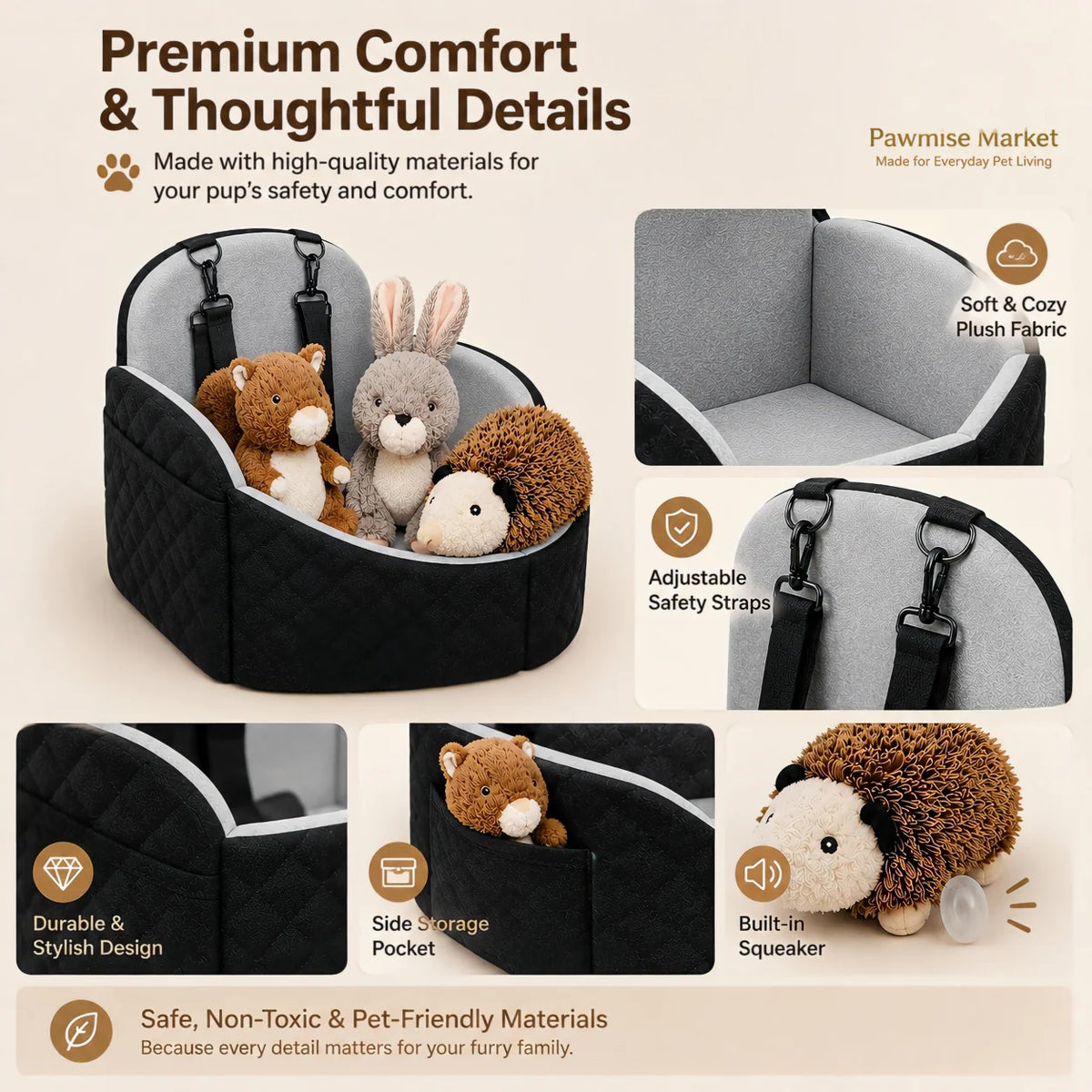 Dog Car Seat Bed With Adjustable Straps And Squeaky Toys
