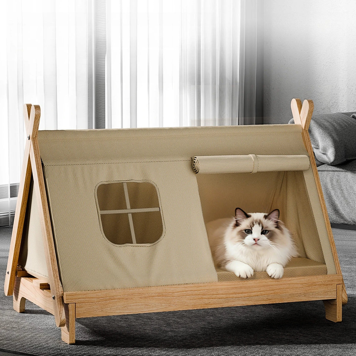 Wooden Elevated Cat Bed With Window And Stable Frame