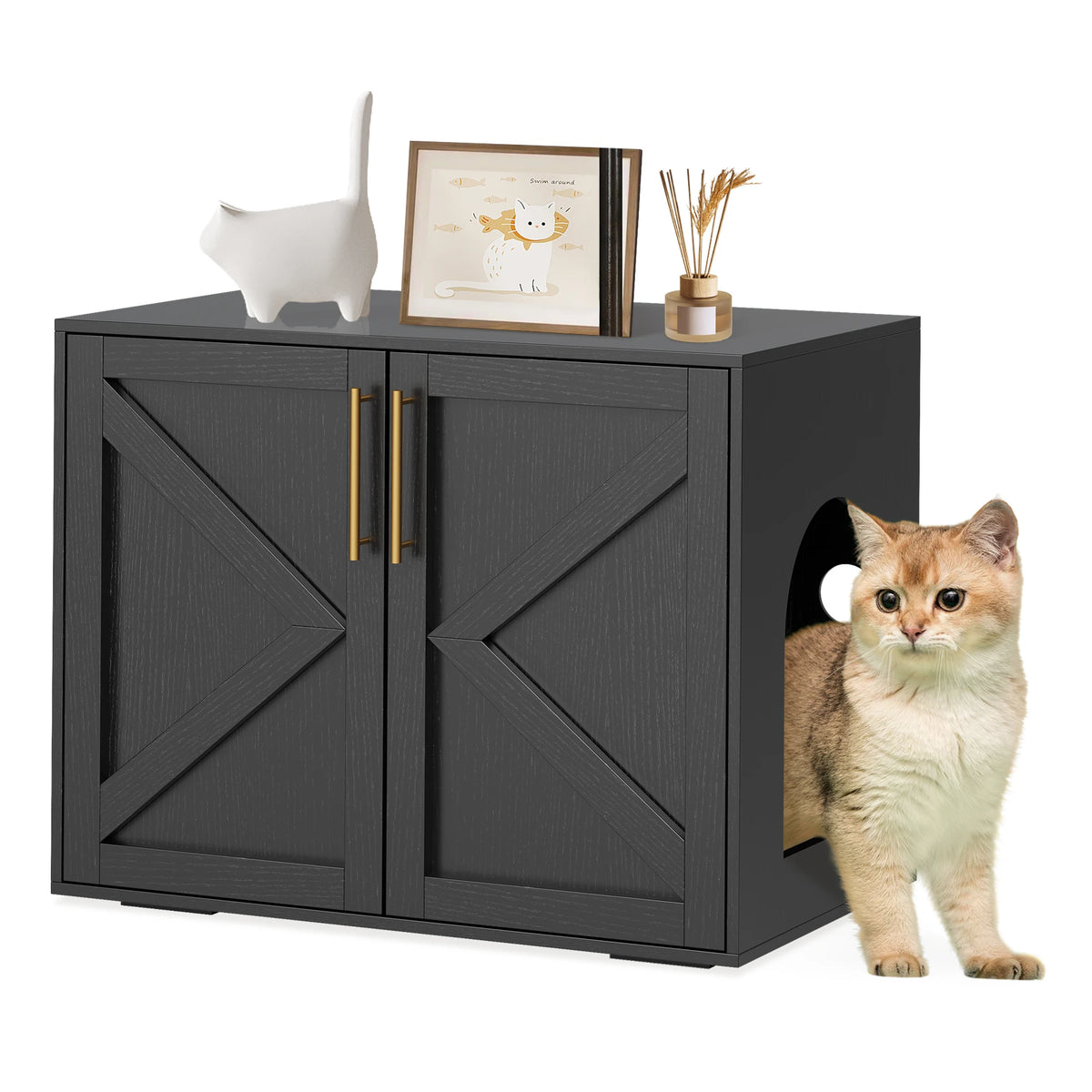 Multi-Functional Hidden Cat Litter Box Enclosure - Wooden Cat Furniture with Barn Doors, Spacious Washroom Cabinet & End Table for Indoor Living Room or Bedroom - Modern Design