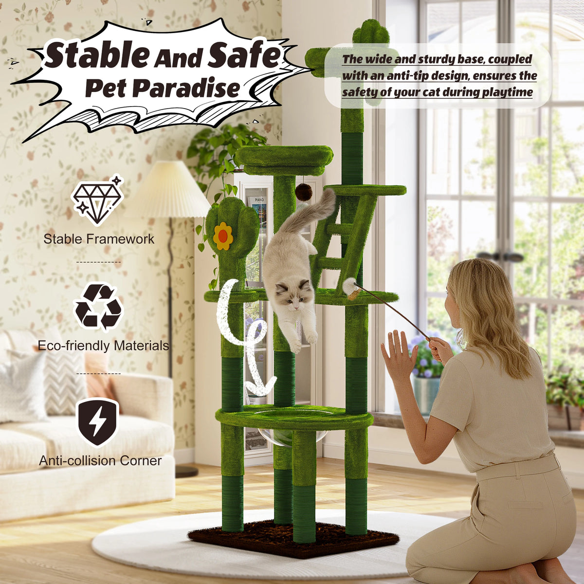 72" Cactus Cat Tree with Transparent Capsule, Tall Cat Tower Condo with Sisal Scratching Posts, Plush Perches & Hanging Toys, Multi-Level Activity Center for Large Indoor Cats