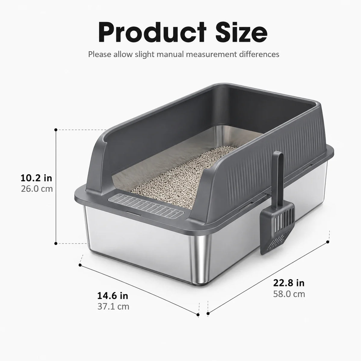 Stainless Steel Cat Litter Box High Wall Semi Enclosed Open Cat Toilet Anti Scatter Litter Pan with Scoop for Large Indoor Cats