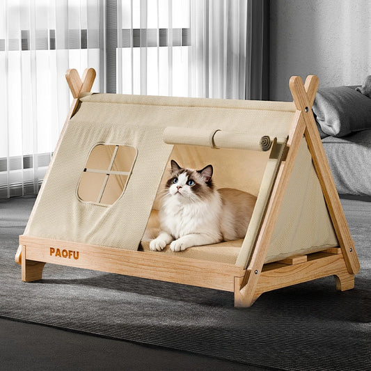 Wooden Elevated Cat Bed With Window And Stable Frame