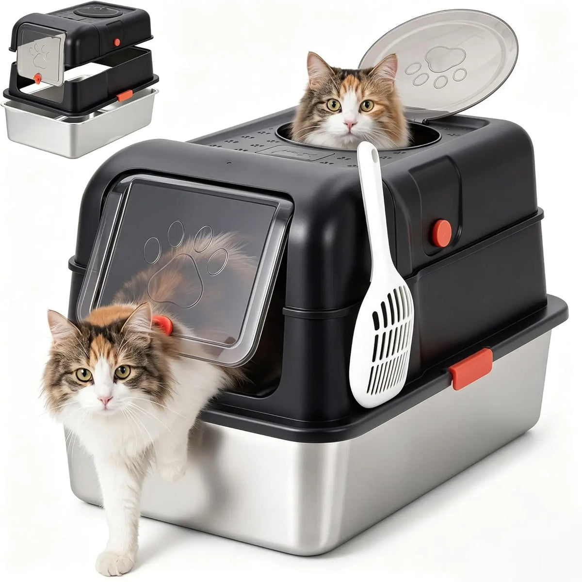 Enclosed Stainless Steel Litter Box With Lid Dog Proof XL Metal Litter Pan High Sided Anti Leak Front Entry Top Exit For Big Cats Includes Scoop For Multi Cat Home