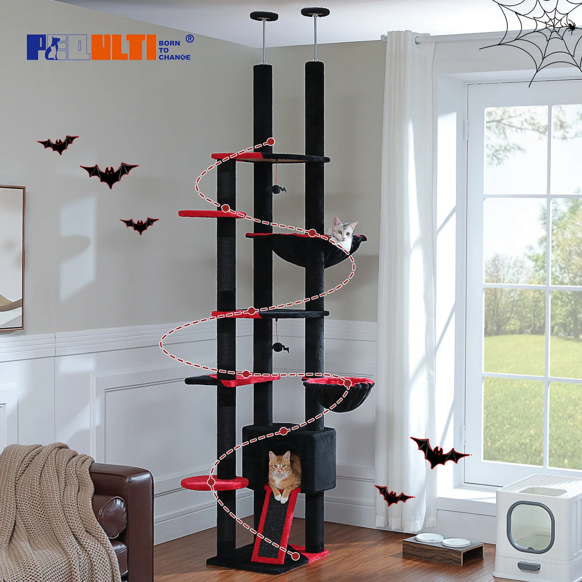 PEQULTI Adjustable Height Indoor Cat Tree With Hammock And Post