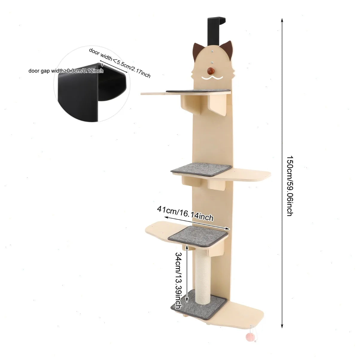 Door Hanging Cat Tree Multi Level Wooden Shelves For Cats