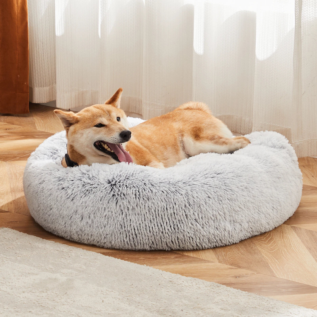 JHK Round Plush Faux Fur Calming Durable Washable Dog Bed