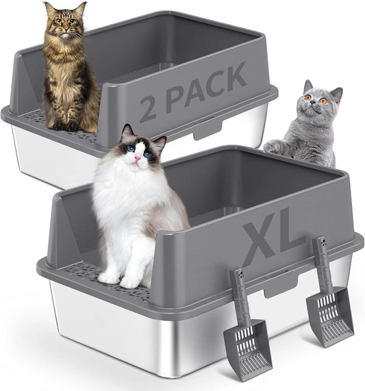 2PACK Stainless Steel Cat Litter Box with High Sides Lid, Extra Large XL Litter Box for Big Cats, Metal Kitty Litter Boxes