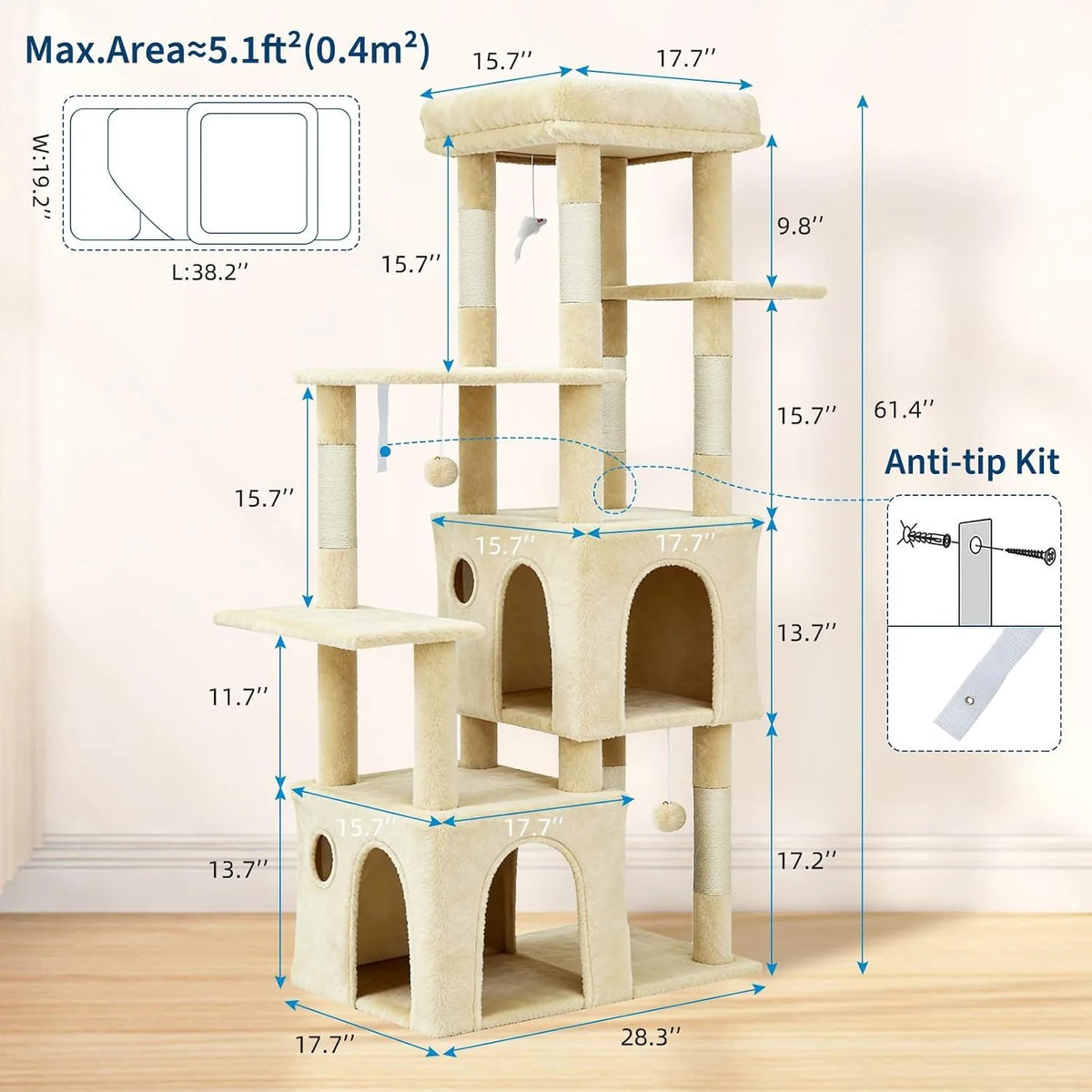 Large Indoor Cat Tree With Scratching Posts And Hanging Toys
