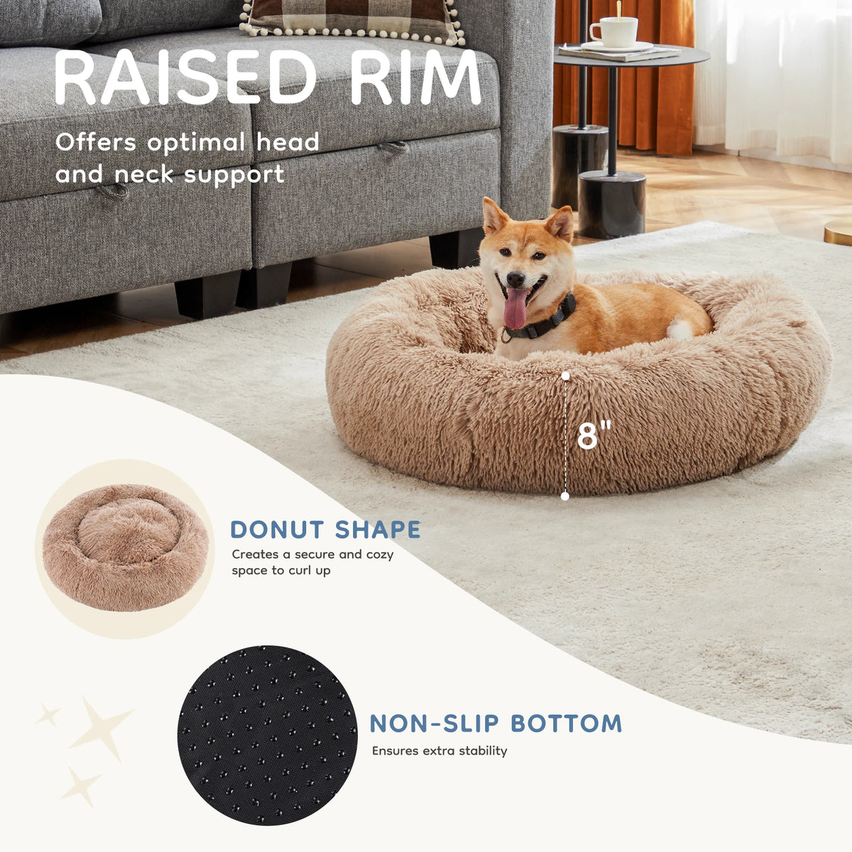 MCQ Round Faux Fur Orthopedic Dog Bed Machine Washable Cozy