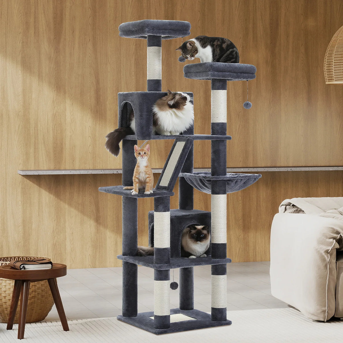 PEQULTI Multilevel Wooden Cat Tree With Scratching Posts And Hammock