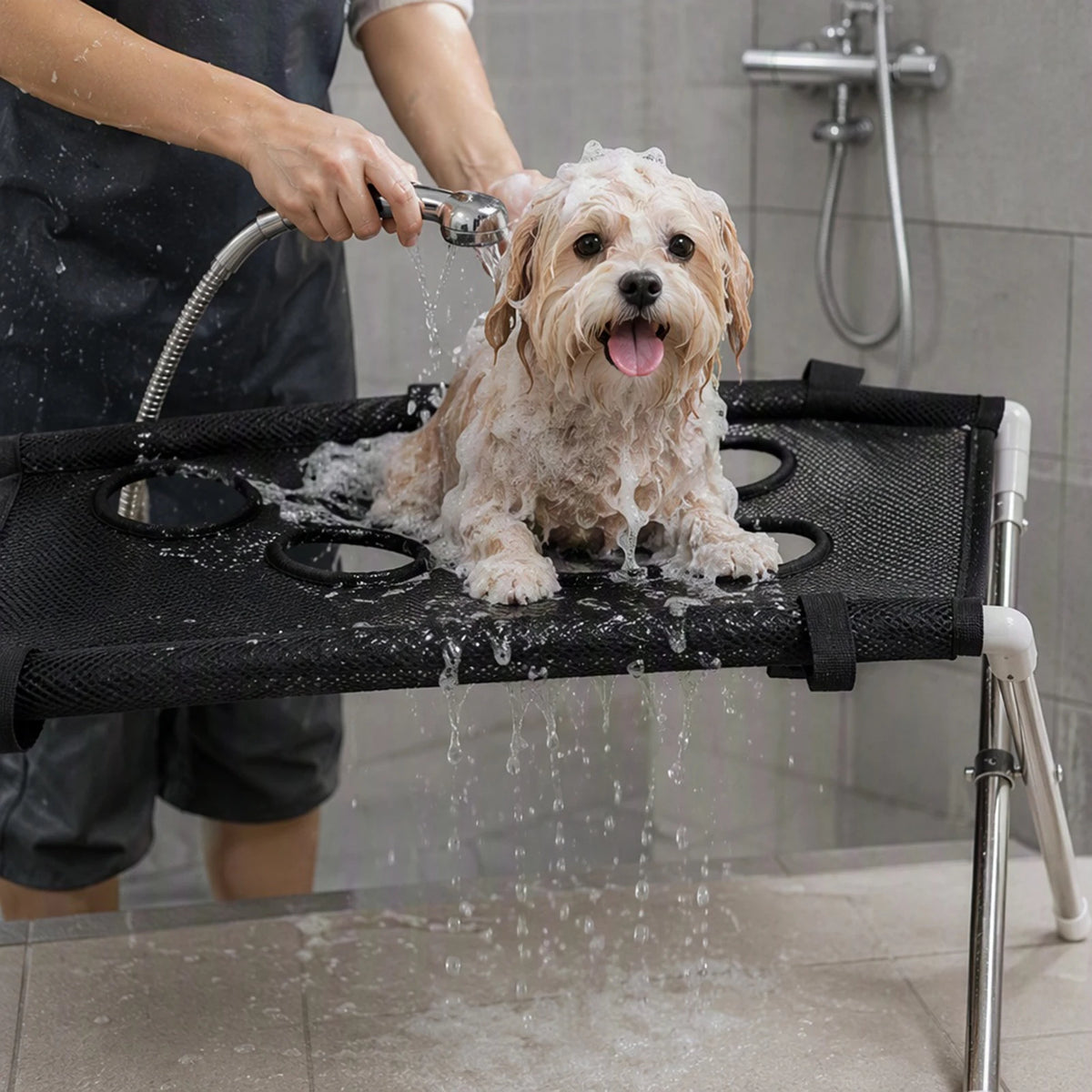Pet Bathing Hammock with Eight Holes Foldable Pet Grooming Table Pet Washing Station for Picking Ears Nail Clipping Home