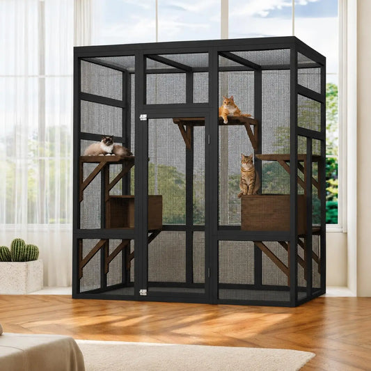 HiMiss Outdoor Wooden Catio Enclosure With Roof And Platforms