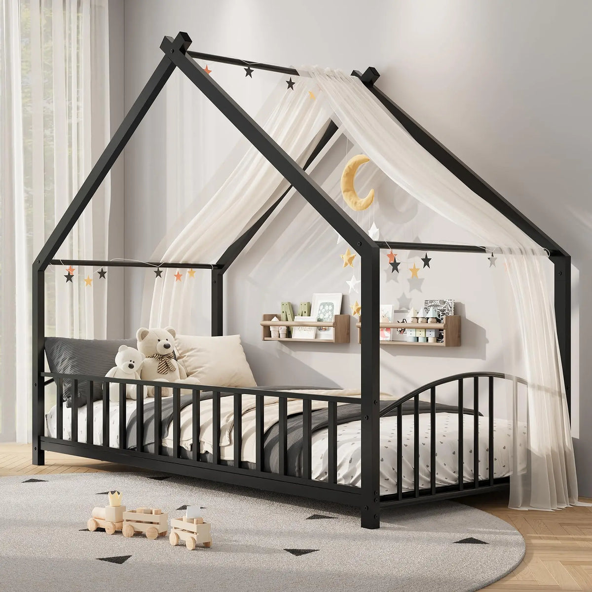 HiMiss Montessori House Floor Bed With Safety Rails