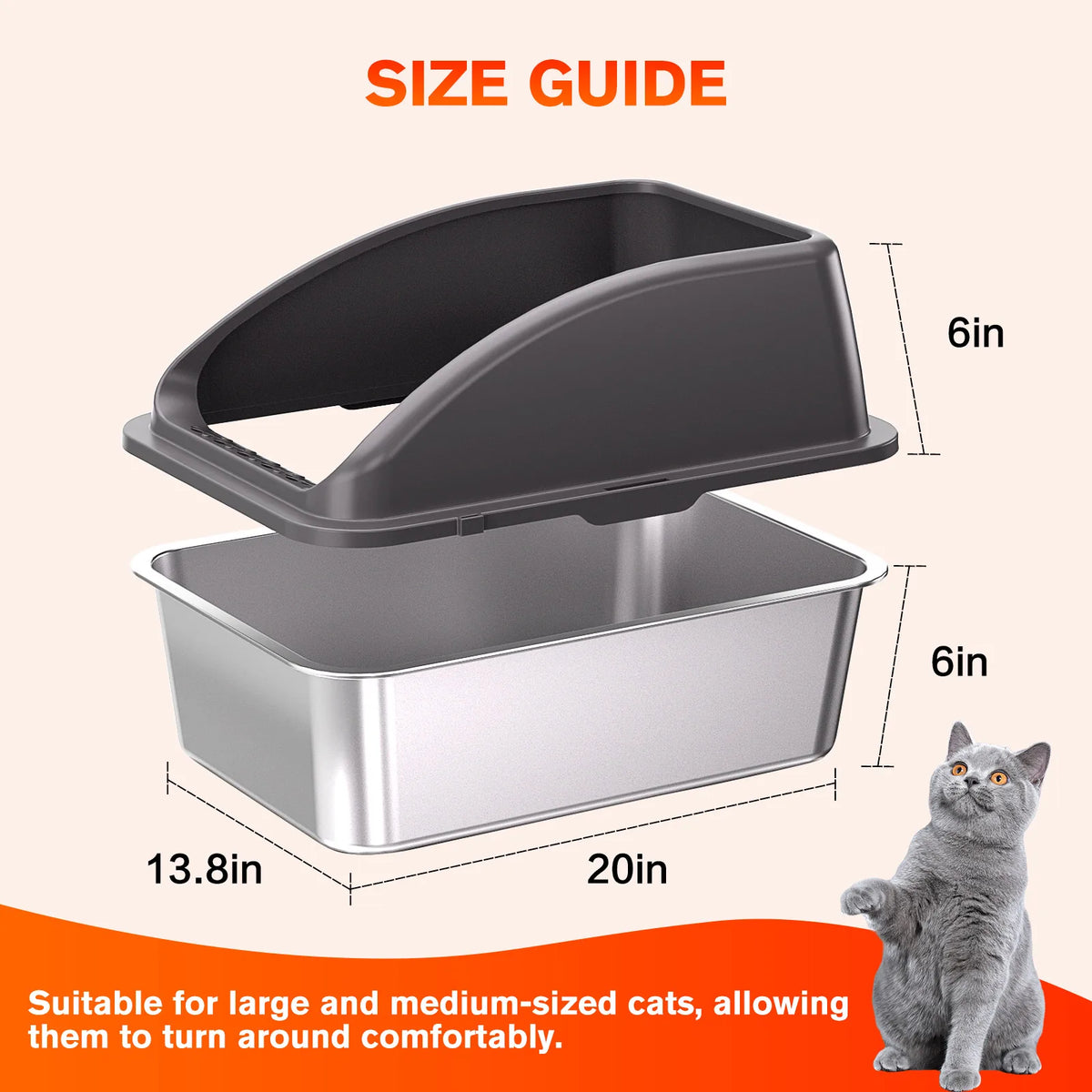 2 Pack Stainless Steel Litter Box, High Sided Metal Cat Litter Tray with Scoop, Filter Pedal for Anti-Splash, Odor Control
