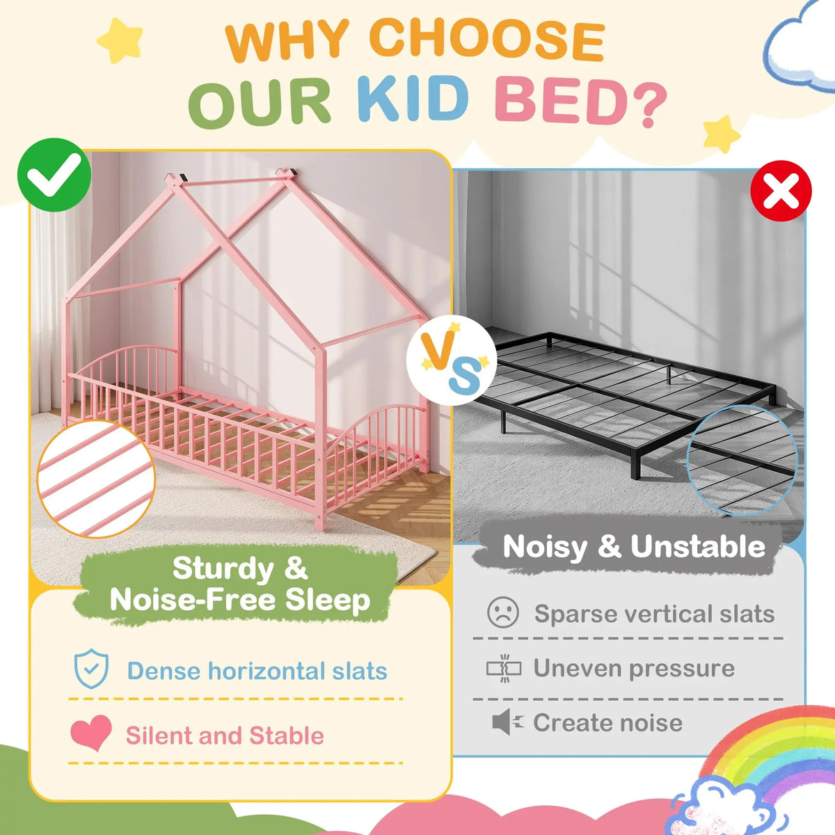HiMiss Montessori House Floor Bed With Safety Rails