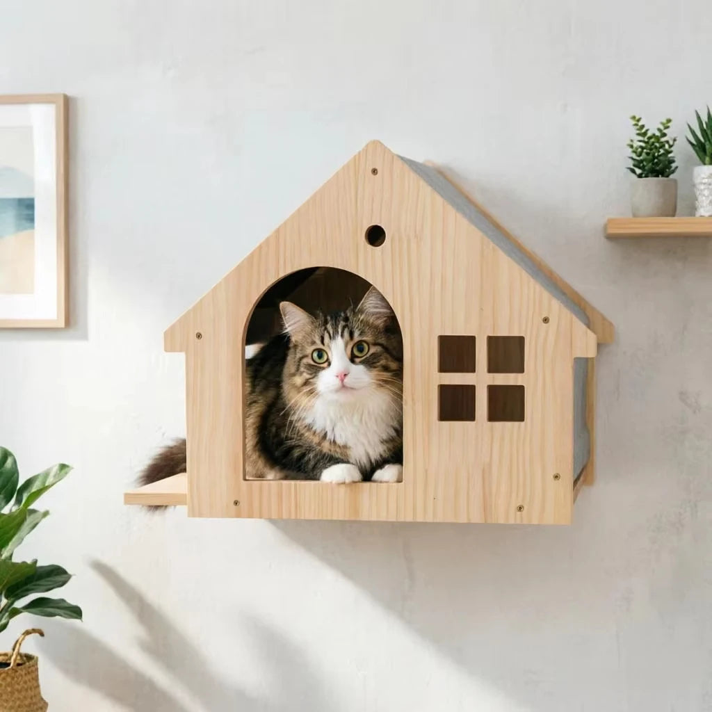 Wall Mounted Wooden Cat Villa Climbing Shelf For Indoor Pets