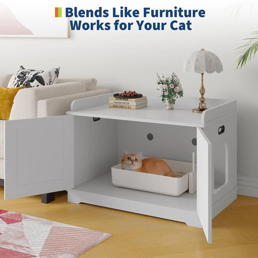 HiMISS Wooden Cat Litter Box Enclosure With Barn Door