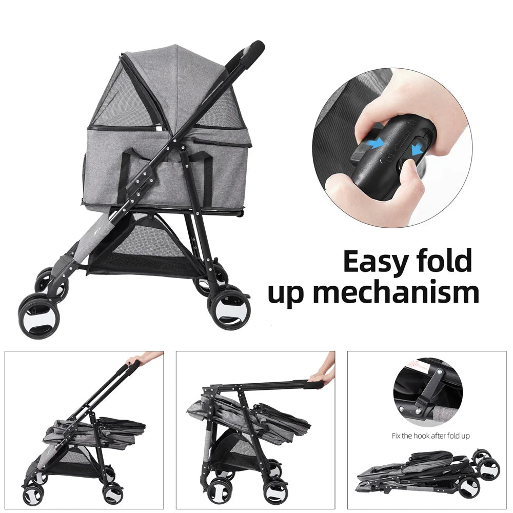 Foldable Four Wheel Pet Stroller With Detachable Storage Basket