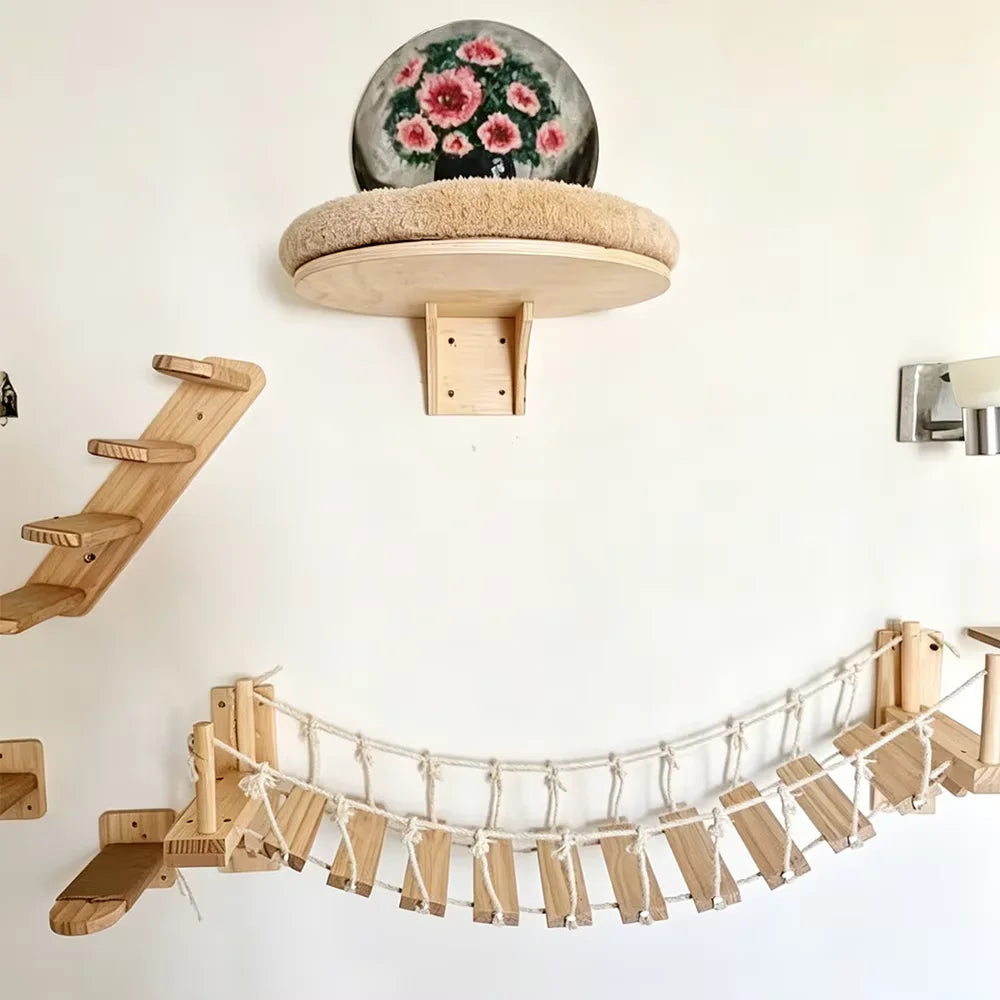 Indoor Wall Mounted Pine Wood Cat Rope Bridge Rack