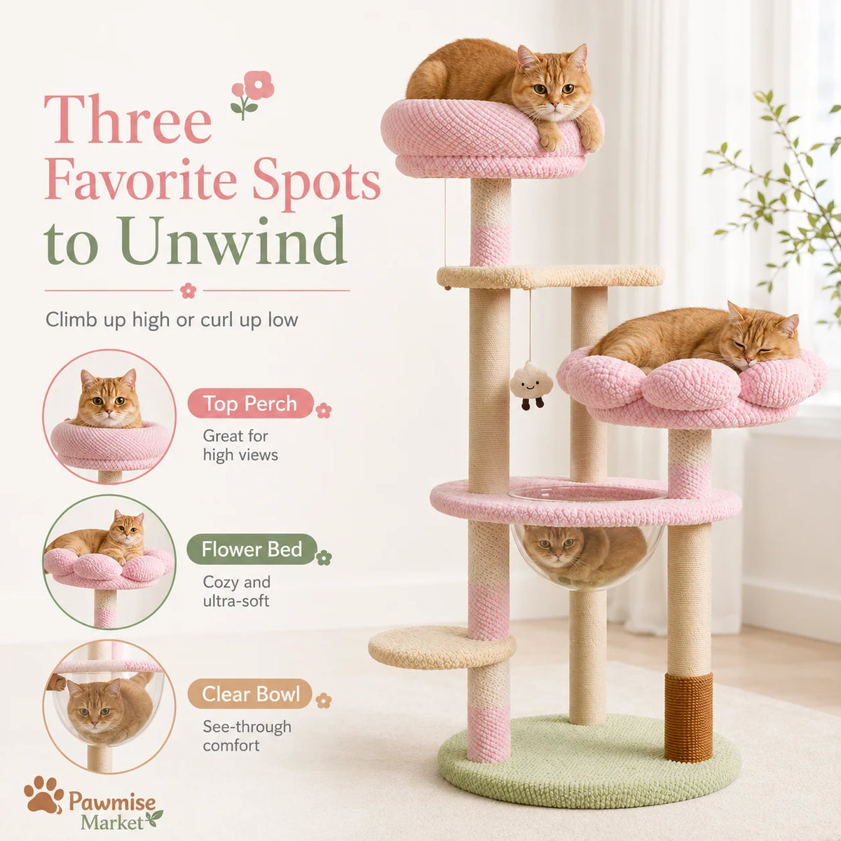 Multi Tier Cat Tree With Sisal Posts And Plush Perches