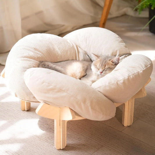 Elevated Wooden Cat Bed With Fluffy Cushion And Pet Lounge