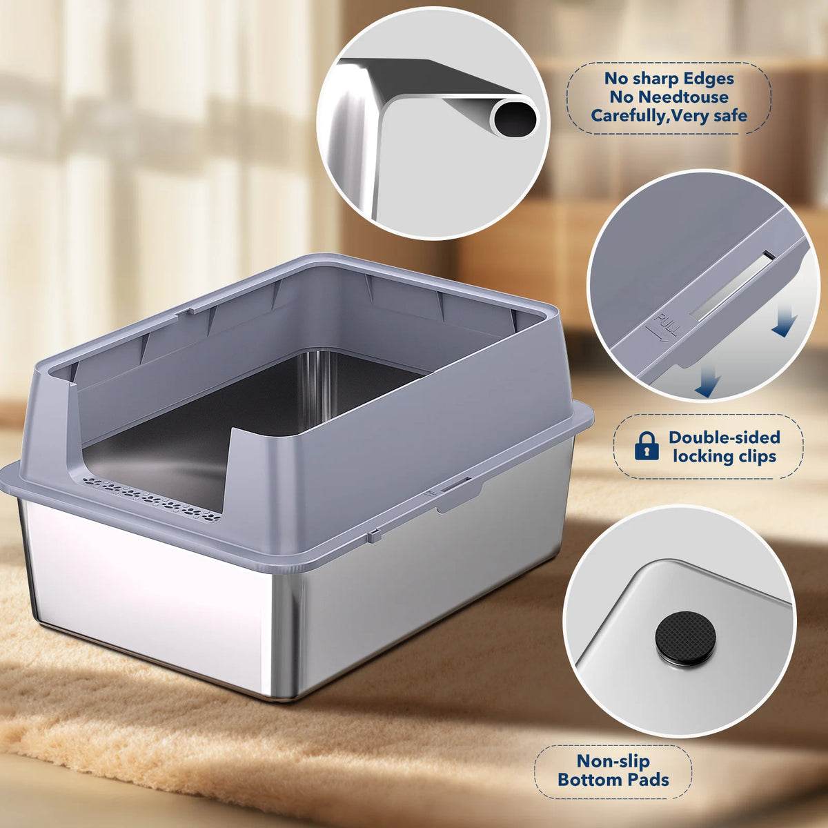 Extra Large XXL Stainless Steel Cat Litter Box with Lid, 26' L X 18' W X 12' H Metal Litter Box with High Sides for Big Cats