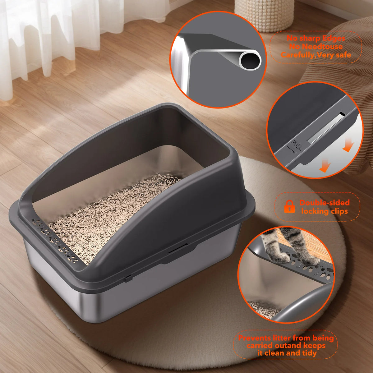 2 Pack Stainless Steel Litter Box, High Sided Metal Cat Litter Tray with Scoop, Filter Pedal for Anti-Splash, Odor Control