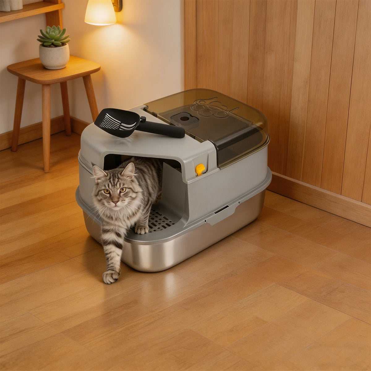3-in-1 Convertible Cat Litter Box 7.93Gal, Stainless Steel Litter Box with Tracking Corridor & Top Window 30L for Adult Cats