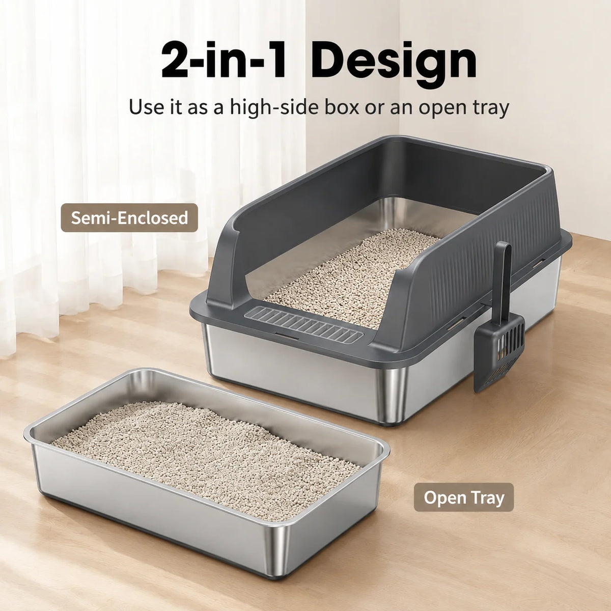 Stainless Steel Cat Litter Box High Wall Semi Enclosed Open Cat Toilet Anti Scatter Litter Pan with Scoop for Large Indoor Cats