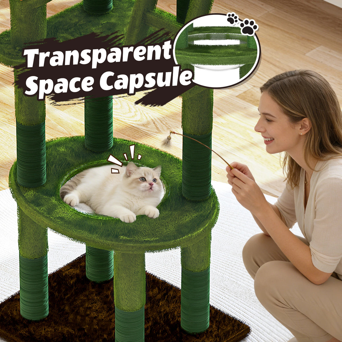 72" Cactus Cat Tree with Transparent Capsule, Tall Cat Tower Condo with Sisal Scratching Posts, Plush Perches & Hanging Toys, Multi-Level Activity Center for Large Indoor Cats