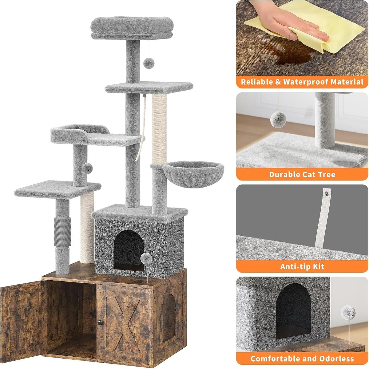 Modern Cat Tree With Hidden Litter Box Condo And Hammock