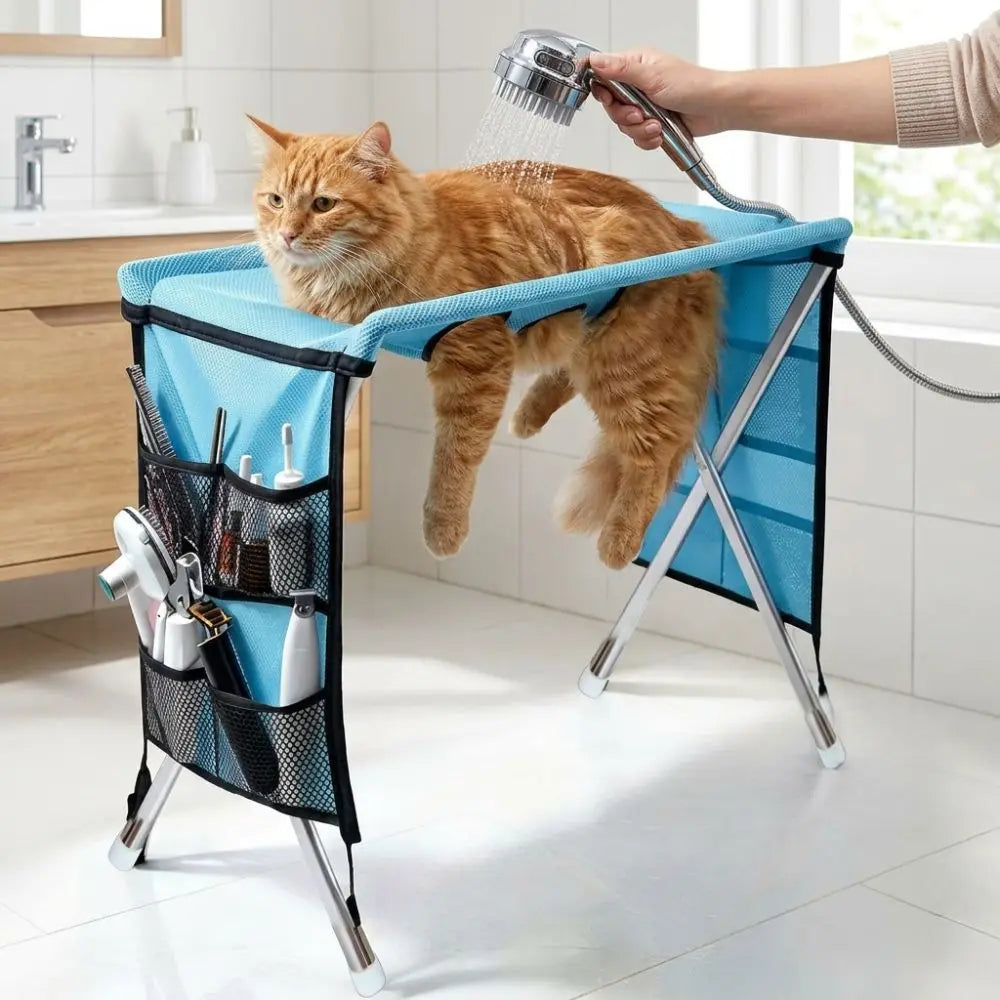 Folding Pet Grooming Hammock Anti-Scratch Quick Drying Pet Washing Station Sturdy with Support Frame Cat Bathing Rack