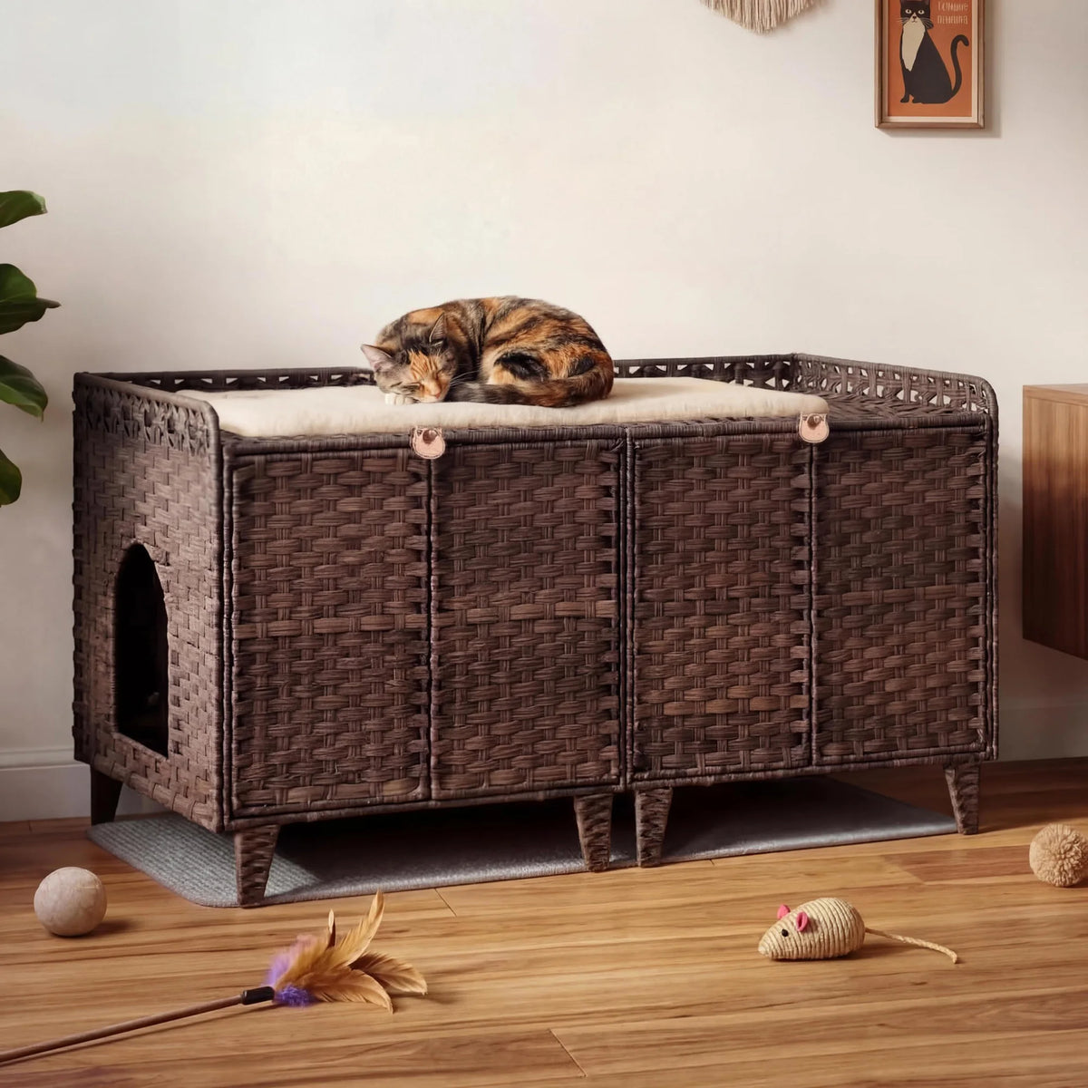 DishyKooker Rattan Double Door Cat Litter Box Cabinet