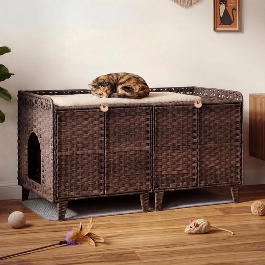 DishyKooker Rattan Double Door Cat Litter Box Cabinet
