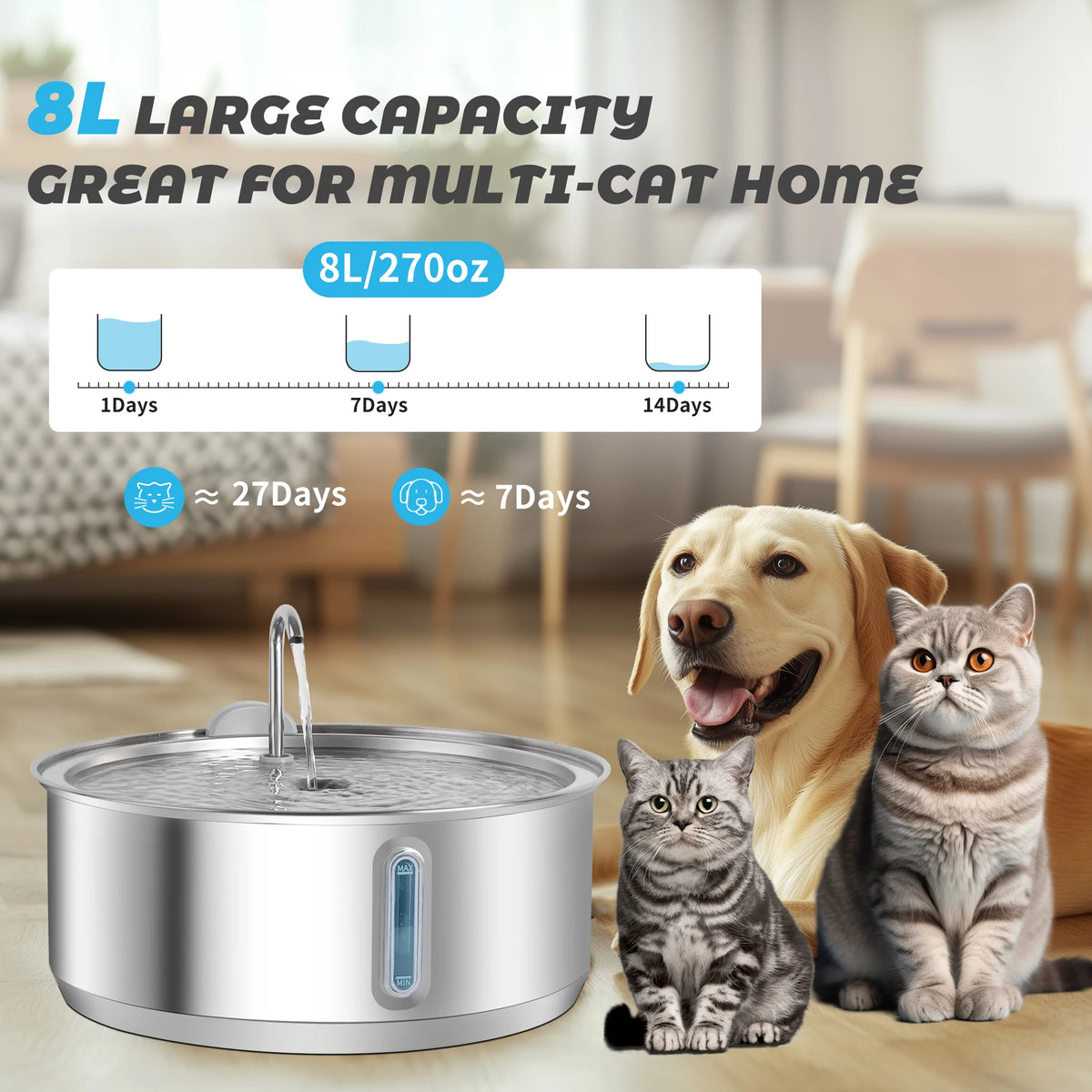 Stainless Steel Automatic Pet Water Fountain With Filter For Cats