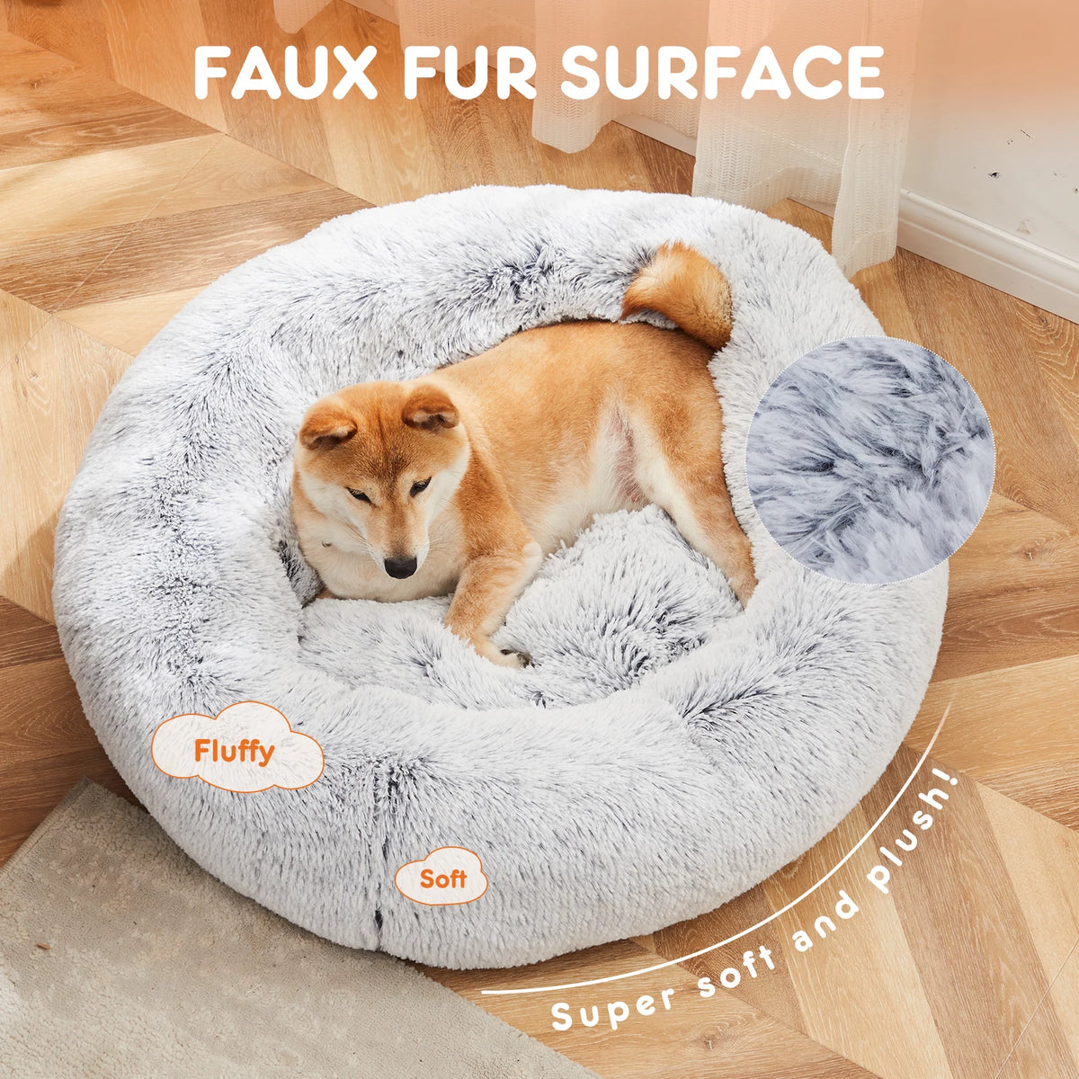 JHK Round Plush Faux Fur Calming Durable Washable Dog Bed