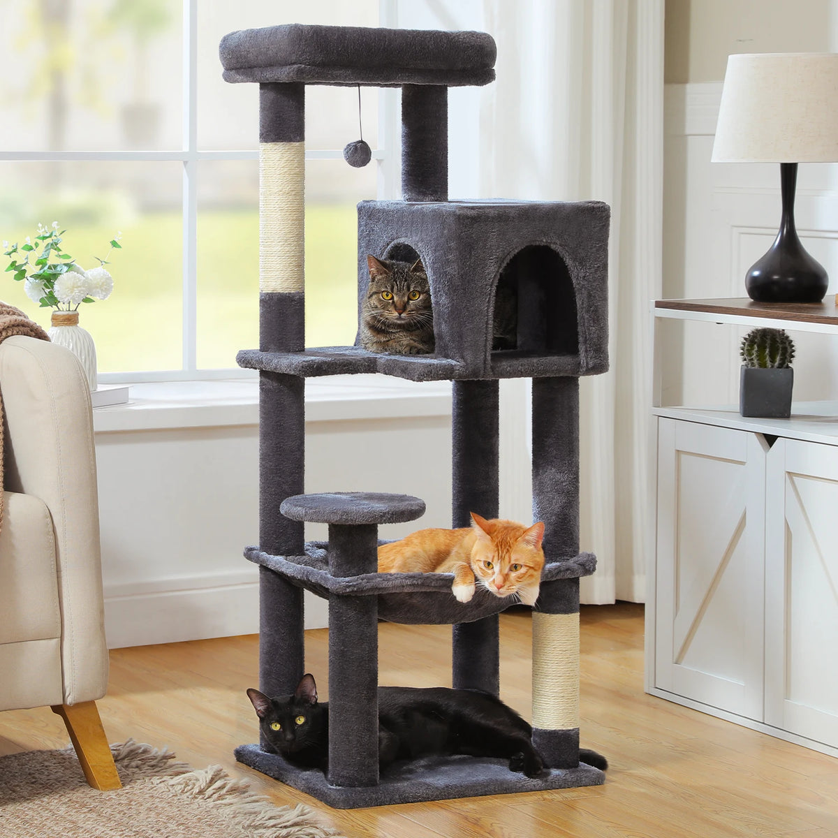 PEQULTI Multilevel Wooden Cat Tree With Scratching Posts And Hammock