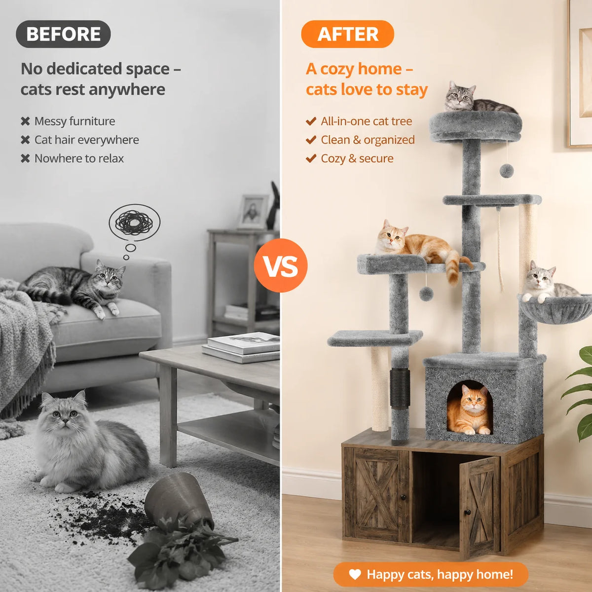 Modern Cat Tree With Hidden Litter Box Condo And Hammock
