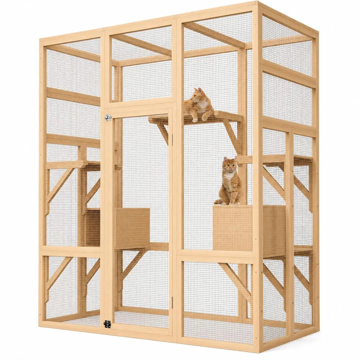 HiMiss Outdoor Wooden Catio Enclosure With Roof And Platforms